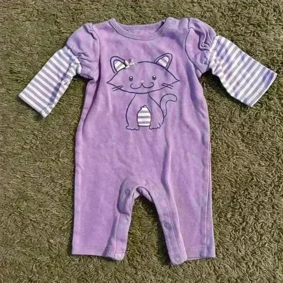 Circo Other - 🩷Circo Baby Girl Cat Graphic Purple Romper 3M, Preloved, Cute Striped Sleeves